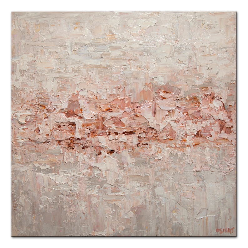 May include: Abstract painting with a textured, layered look. The painting features shades of white, pink, and beige, creating a soft and calming effect.