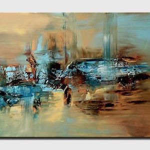 May include: Abstract painting with a blue, brown, and beige color scheme. The painting features a large, abstract shape in the center, with smaller shapes and lines surrounding it.
