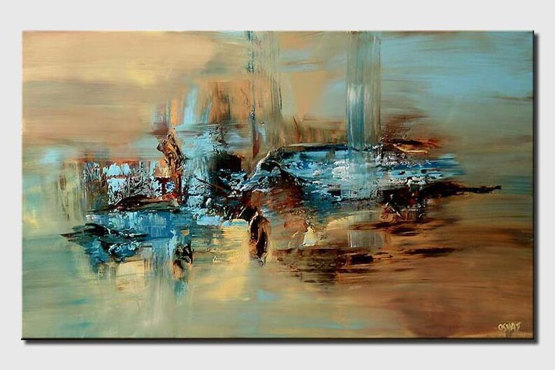 May include: Abstract painting with a blue, brown, and beige color scheme. The painting features a large, abstract shape in the center, with smaller shapes and lines surrounding it.