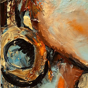 May include: Abstract painting with thick brushstrokes in shades of brown, blue, and orange. The painting features a large, circular shape in the center, resembling a wheel or a ring.