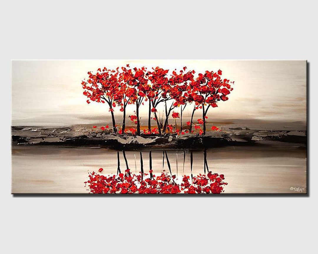 Original Red Blooming Trees Painting on White Canvas Art Deco Etsy