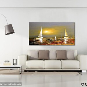 May include: A painting of sailboats on a body of water at sunset. The sky is a gradient of orange, yellow, and purple. The water is a dark blue with reflections of the sunset. The sailboats are white and have a golden glow.