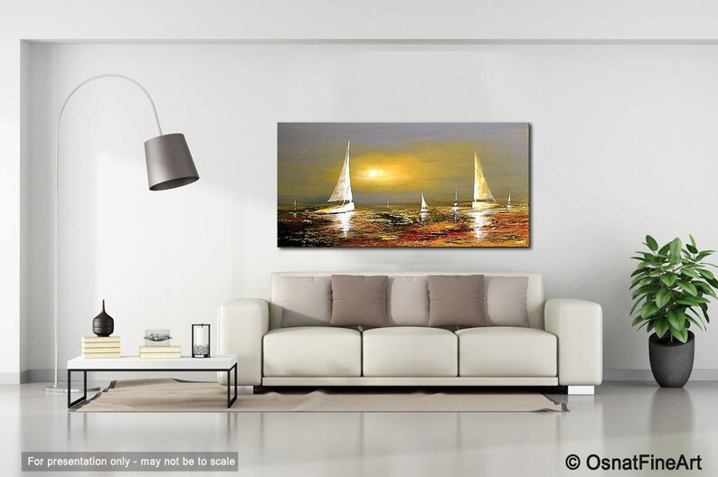 May include: A painting of sailboats on a body of water at sunset. The sky is a gradient of orange, yellow, and purple. The water is a dark blue with reflections of the sunset. The sailboats are white and have a golden glow.