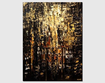 Gold Black Abstract Painting: Textured Minimalist Wall Art