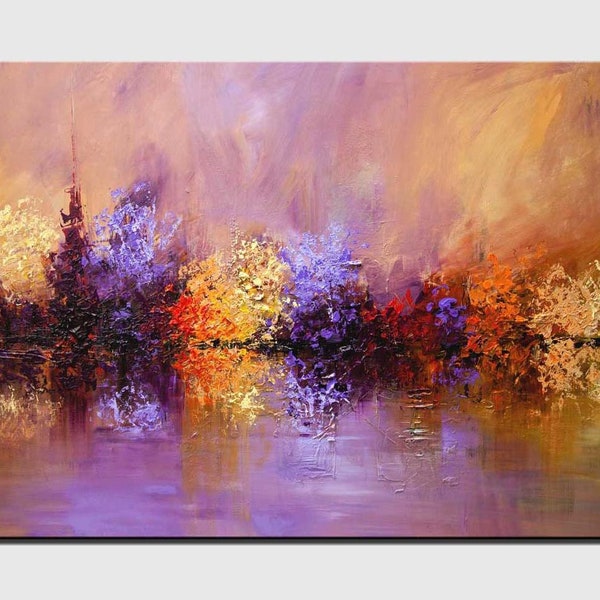 original colorful river landscape painting on canvas textured colorful trees art purple orange wall art CUSTOM ART