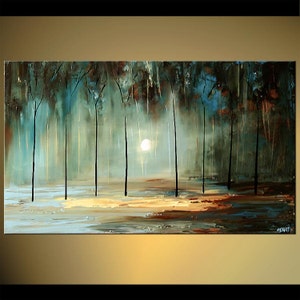 May include: Abstract painting of a forest scene with tall, thin trees in shades of blue, green, and brown. The sun is shining through the trees, creating a hazy, ethereal effect.