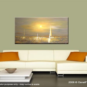 May include: Abstract painting of a sunset over the ocean with sailboats in the distance. The painting is done in shades of gold, blue, and white.