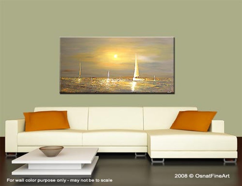 May include: Abstract painting of a sunset over the ocean with sailboats in the distance. The painting is done in shades of gold, blue, and white.