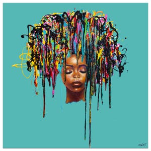 May include: A portrait of a woman with closed eyes, featuring a cascade of colorful paint dripping from her hair. The artwork is set against a teal background, with the artist's signature in the bottom right corner. The paint includes black, yellow, blue, and pink.
