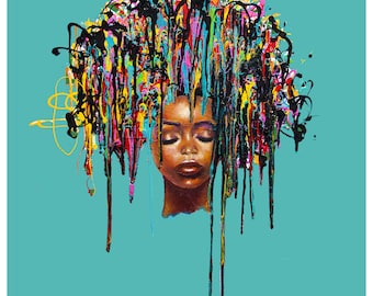 Pop Art Woman Face Print: Colorful Dripping Hair, Turquoise Background