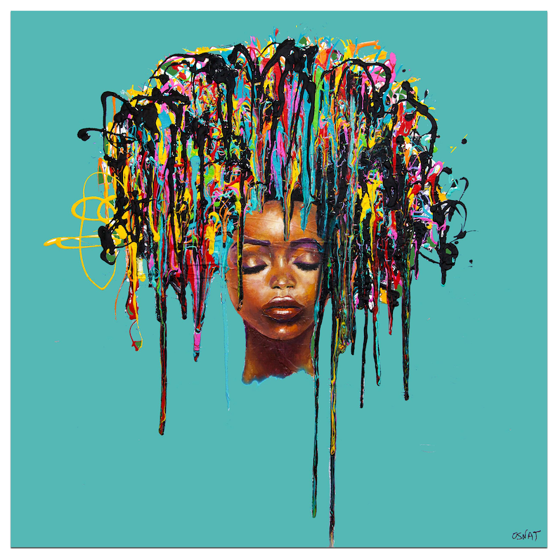 May include: A portrait of a woman with closed eyes, featuring a cascade of colorful paint dripping from her hair. The artwork is set against a teal background, with the artist's signature in the bottom right corner. The paint includes black, yellow, blue, and pink.