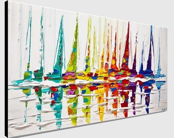Original Sailboats Canvas Art: Colorful Abstract Seascape Painting - Custom Art