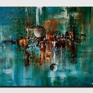 May include: Abstract painting with a teal, green, brown, and white color scheme. The painting features a textured, layered style with a variety of shapes and forms.