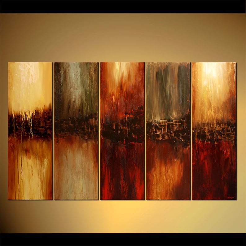 May include: Abstract painting in shades of brown, orange, and yellow. The painting is divided into five vertical sections, each with a different pattern and texture. The painting is a modern and contemporary style.