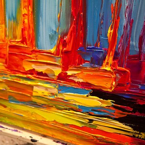 May include: Abstract painting with thick brushstrokes in shades of blue, red, orange, and yellow. The colors are vibrant and create a sense of movement and energy.