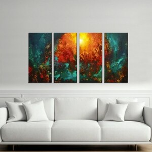 May include: Abstract art print in four panels, featuring a fiery orange and red center surrounded by swirling teal and blue hues. The panels are arranged horizontally, creating a dynamic and colorful composition.