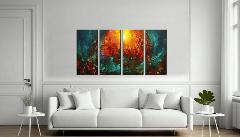 May include: Abstract art print in four panels, featuring a fiery orange and red center surrounded by swirling teal and blue hues. The panels are arranged horizontally, creating a dynamic and colorful composition.