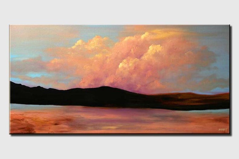 May include: A painting of a landscape with a large, pink cloud in the sky. The cloud is over a dark mountain range and a body of water. The sky is a light blue color.