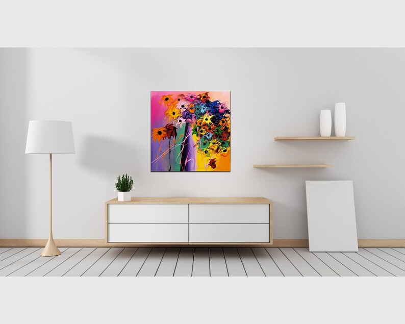 May include: Abstract painting of a colorful flower bouquet with yellow, orange, pink, purple, blue, and green hues. The flowers are painted in a loose, expressive style.