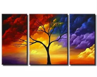 Pintura abstracta de paisaje colorido: tríptico acrílico sobre lienzo (112 x 61 cm)