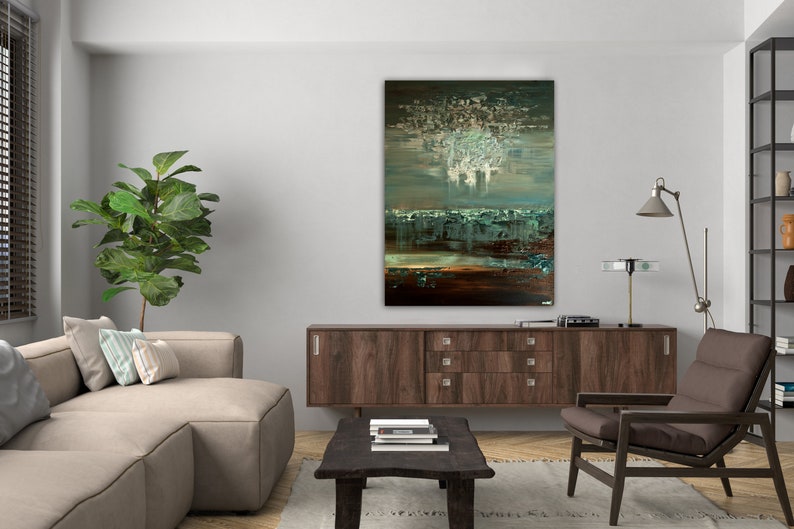 Textured Abstract Landscape Painting: Green Brown Canvas Art image 7