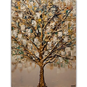 May include: Abstract painting of a gold tree with white and green accents on a beige background.