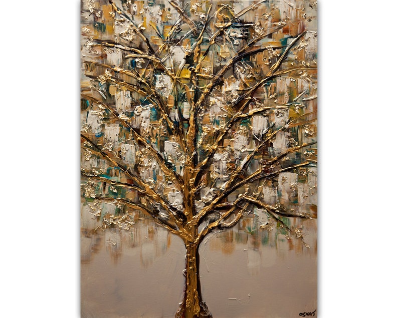 May include: Abstract painting of a gold tree with white and green accents on a beige background.