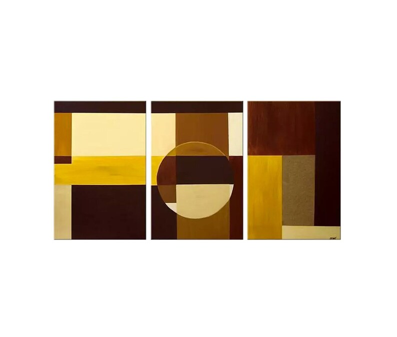 May include: Abstract triptych painting with geometric shapes in shades of brown, yellow, and beige. The center panel features a circle.