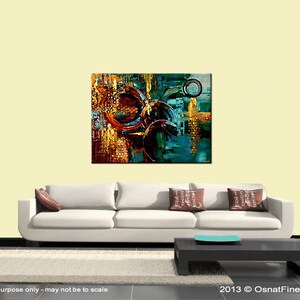 May include: Abstract painting with a mix of gold, brown, blue, and green colors. The painting features a series of overlapping circles and geometric shapes.