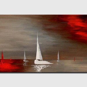 May include: Abstract painting of a seascape with white sailboats on a red and gray background.