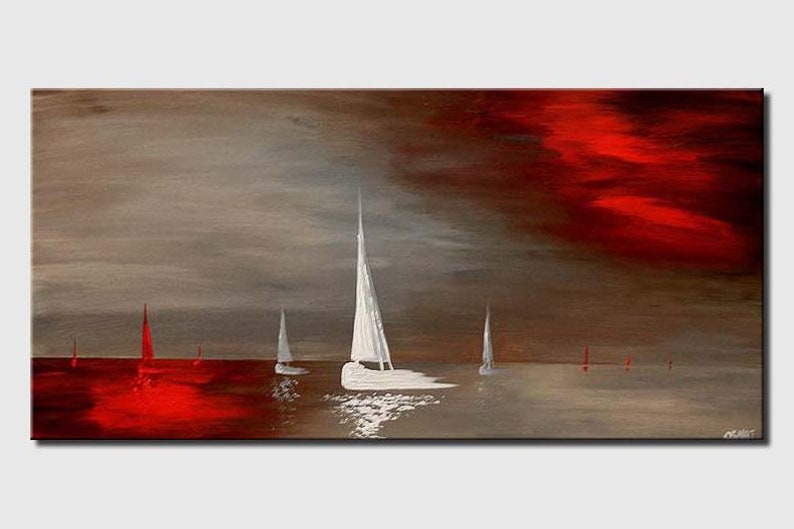 May include: Abstract painting of a seascape with white sailboats on a red and gray background.
