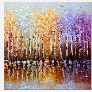 May include: A painting of a forest with trees in shades of purple, yellow, and blue reflected in a still body of water.