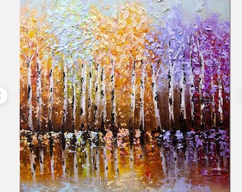 Textured Birch Tree Painting: Colorful Abstract Landscape, Custom Art