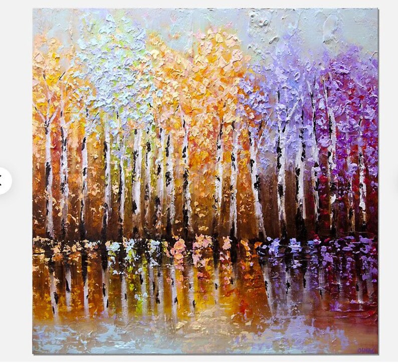 May include: A painting of a forest with trees in shades of purple, yellow, and blue reflected in a still body of water.
