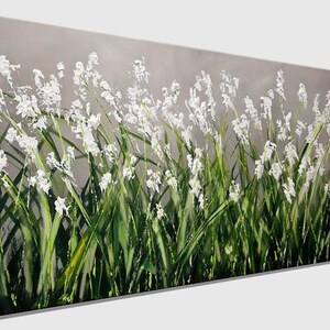 May include: A painting of a field of white flowers with green stems against a gray background.