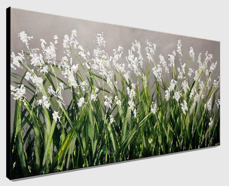 May include: A painting of a field of white flowers with green stems against a gray background.