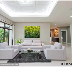 May include: A modern living room with white sofas, a glass coffee table, and a large abstract painting with green and yellow hues. The room has large windows and a neutral color palette.