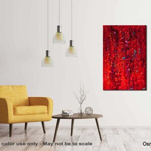 May include: Abstract painting with a red, orange, and purple color scheme. The painting is textured and has a modern style.