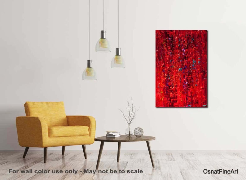 May include: Abstract painting with a red, orange, and purple color scheme. The painting is textured and has a modern style.