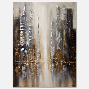 May include: Abstract painting of a city skyline in shades of gray, silver, and gold. The painting has a textured, impasto style.