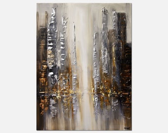 silver gold textured abstract painting original modern city art on canvas, vertical living room wall art decor CUSTOM ART