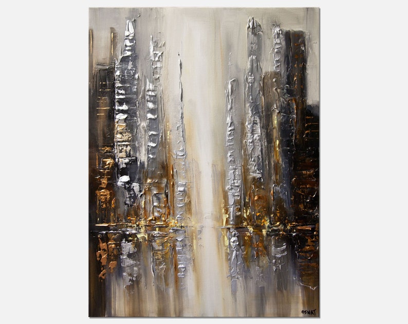 May include: Abstract painting of a city skyline in shades of gray, silver, and gold. The painting has a textured, impasto style.
