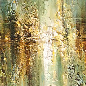 May include: Abstract painting with vertical brushstrokes in shades of green, gold, and brown. The painting has a textured surface and a light, airy feel.