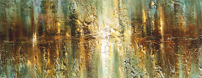 May include: Abstract painting with vertical brushstrokes in shades of green, gold, and brown. The painting has a textured surface and a light, airy feel.