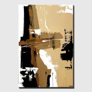 May include: Abstract painting with brown, black, and white paint strokes. The painting has a textured look and a modern style.