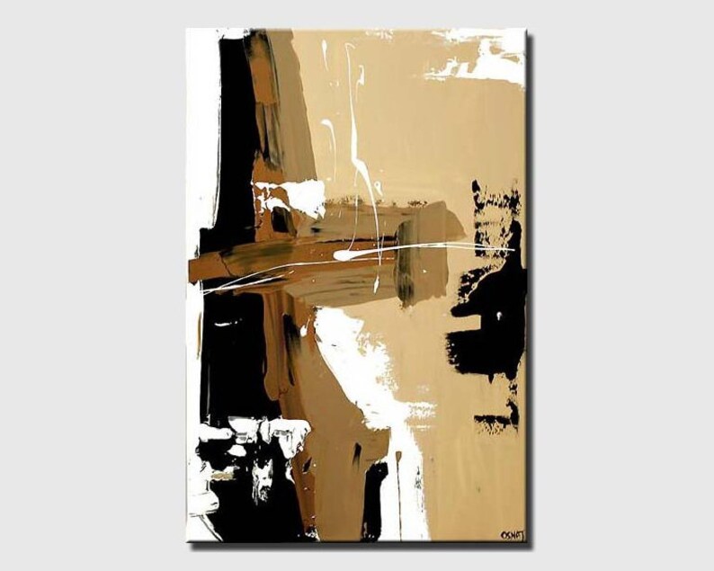 May include: Abstract painting with brown, black, and white paint strokes. The painting has a textured look and a modern style.