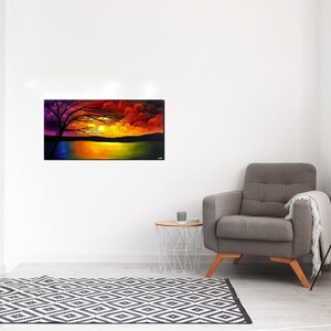 May include: A painting of a colorful sunset over a lake with a silhouette of a tree in the foreground. The sky is a mix of red, orange, yellow, and purple. The lake is a deep blue with reflections of the sunset.