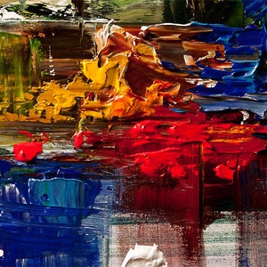 May include: Abstract painting with thick brushstrokes in shades of blue, red, yellow, and green. The paint is applied in a layered and textured style, creating a dynamic and expressive composition.