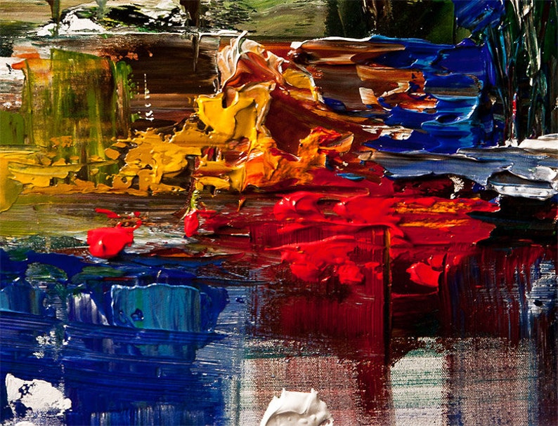 May include: Abstract painting with thick brushstrokes in shades of blue, red, yellow, and green. The paint is applied in a layered and textured style, creating a dynamic and expressive composition.