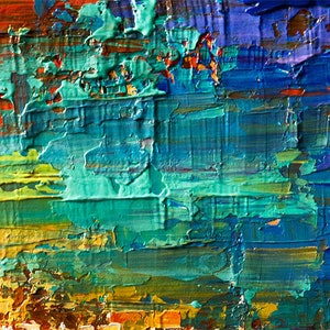 May include: Abstract painting with thick layers of blue, green, yellow, and orange paint. The paint is applied in a textured, impasto style, creating a dynamic and expressive surface.
